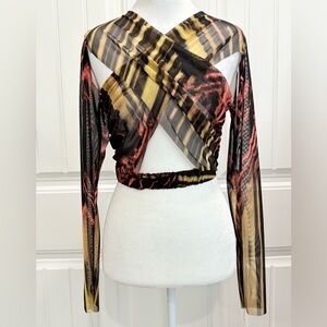 WinWin Sheer Crisscross Long-Sleeve Crop Top in Black, Gold & Red Size S